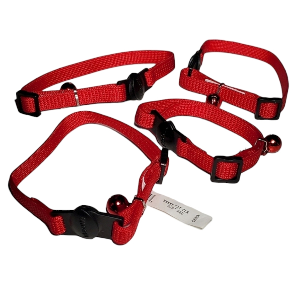 NEW Breakaway Cat Collars. Red w/ Black Clips, and Red Metal Bell. 4 pk